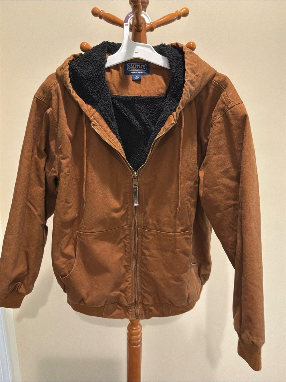Smith’s men work jacket hooded zipper closure flannel lined bomber style size M